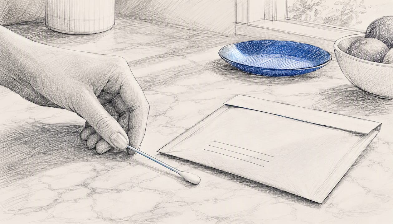 At-home DNA test cheek swab and mailing envelope on desk