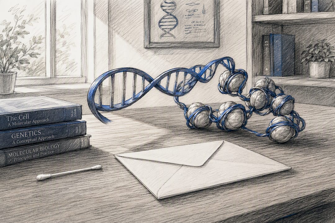 Abstract DNA wrapped around proteins on desk