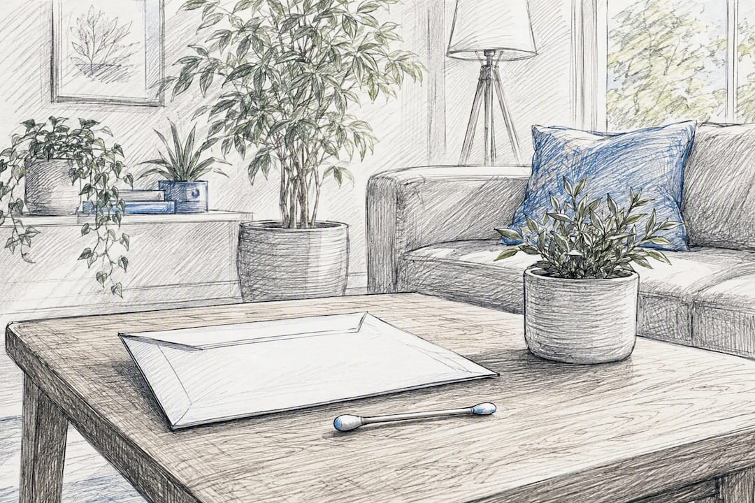 Cotton swab on table and blank notebook on desk