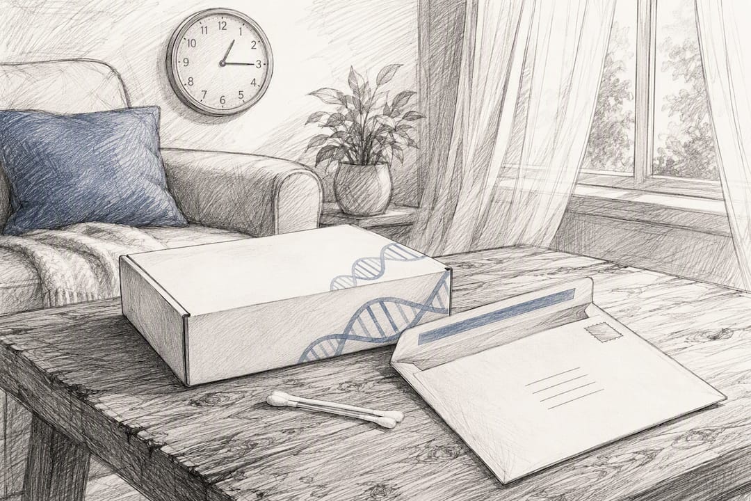 DNA test kit and clock on desk