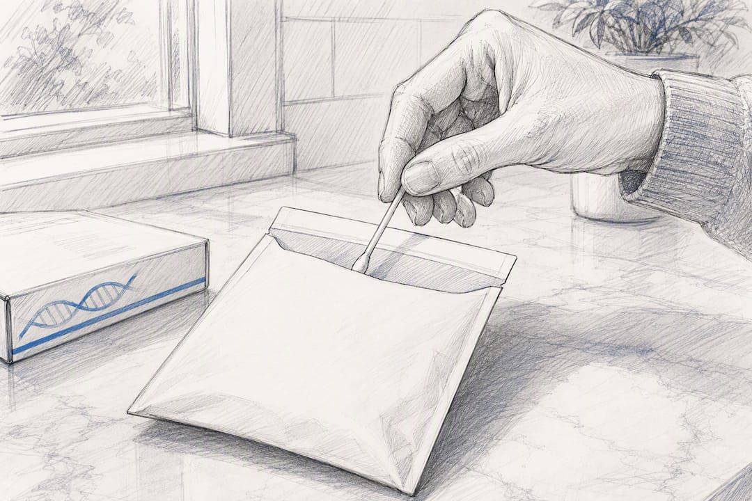 Hand placing cheek swab into mailing envelope
