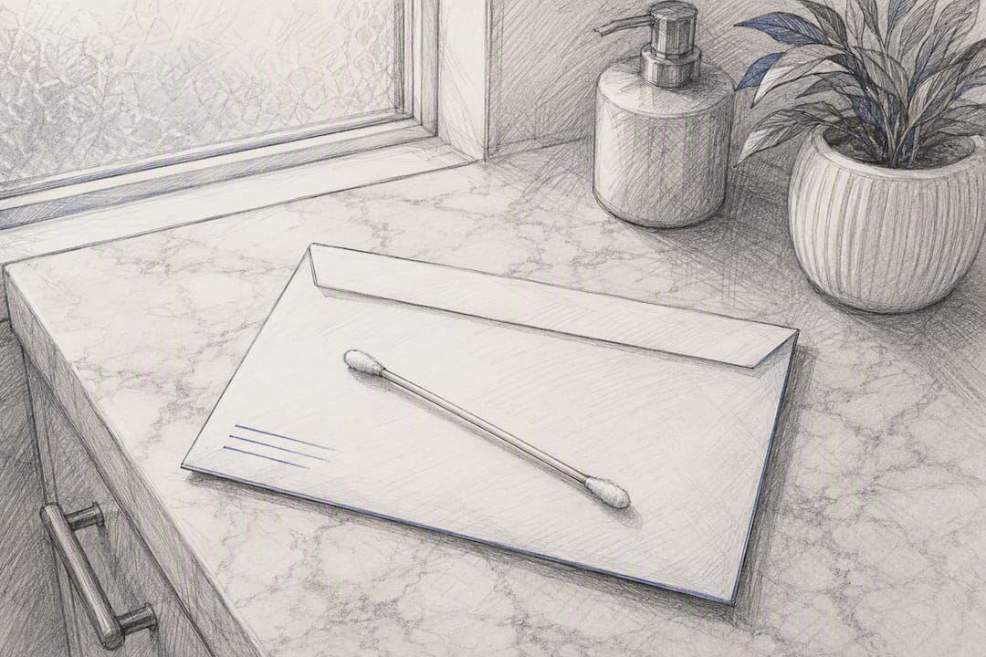 Cheek swab on mailing envelope on desk