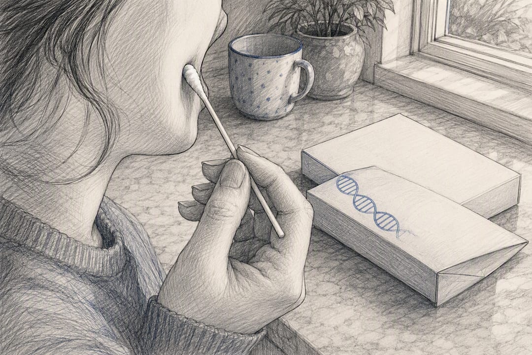 Woman collecting at-home DNA cheek swab sample