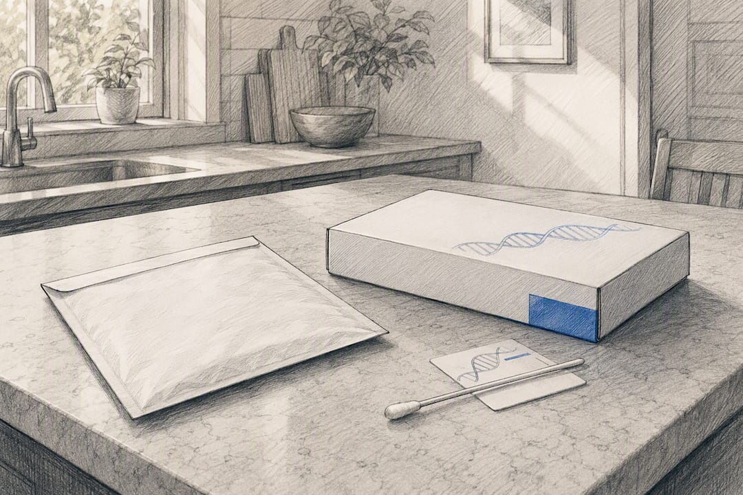 DNA test kit with prepaid return envelope on desk