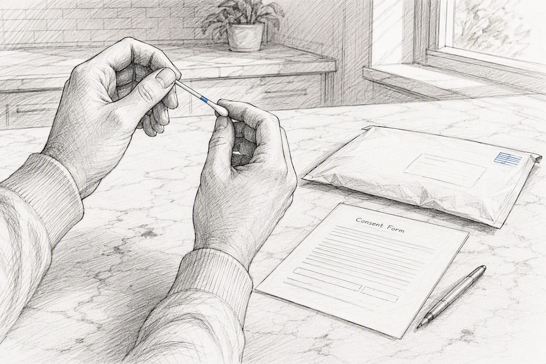 Hands performing cheek swab with mailing envelope