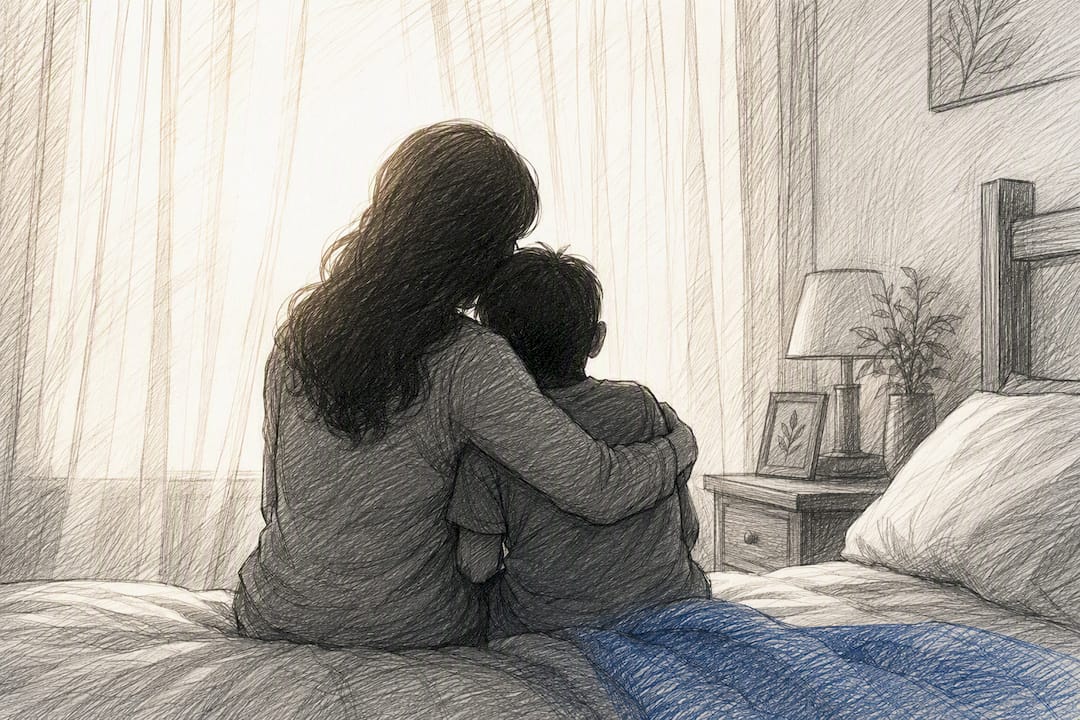 Silhouetted parent and child embracing at home