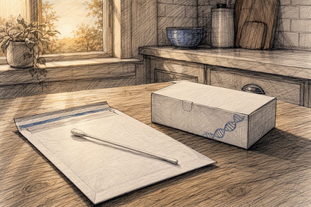 Cheek swab and mailing envelope on kitchen table