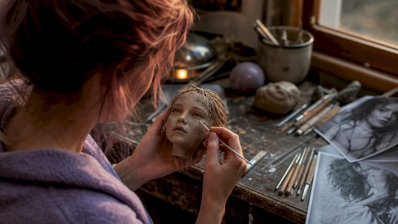 Close-up of artist sculpting realistic doll face