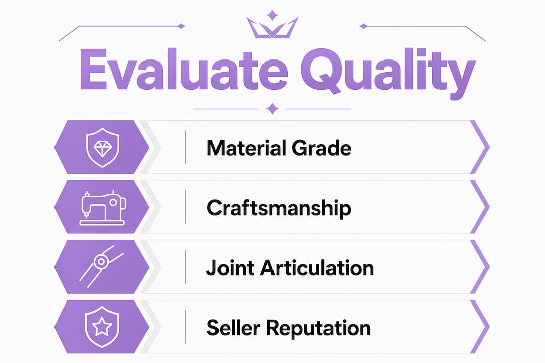Infographic showing key aspects to evaluate silicone doll quality