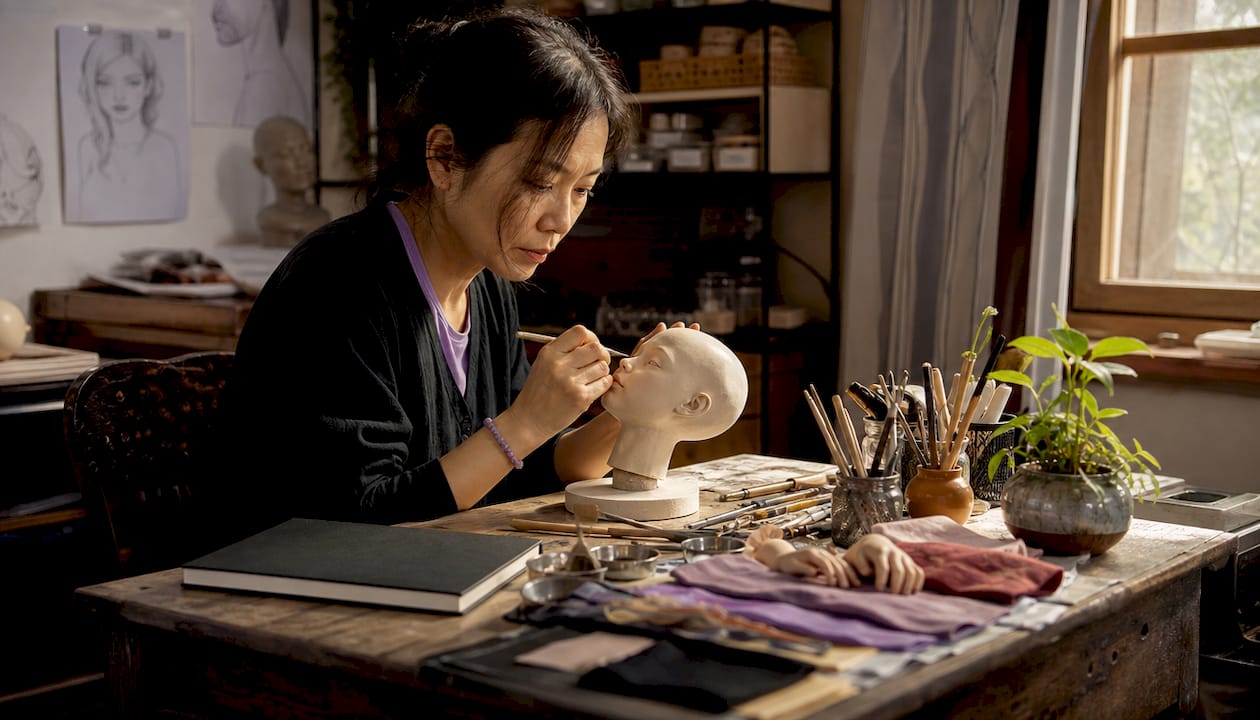 Artisan sculpting a customized doll head