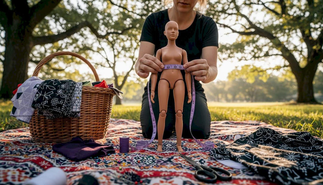 Craftsperson measuring detailed doll prototype in studio