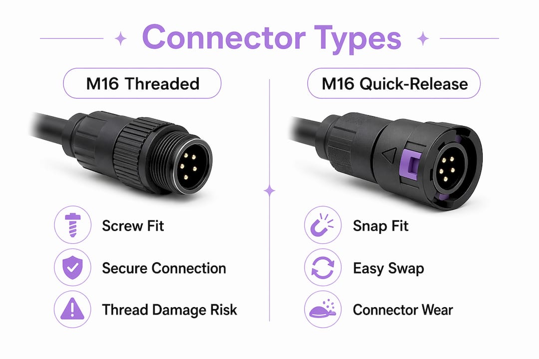 Infographic comparing M16 threaded and quick-release connectors