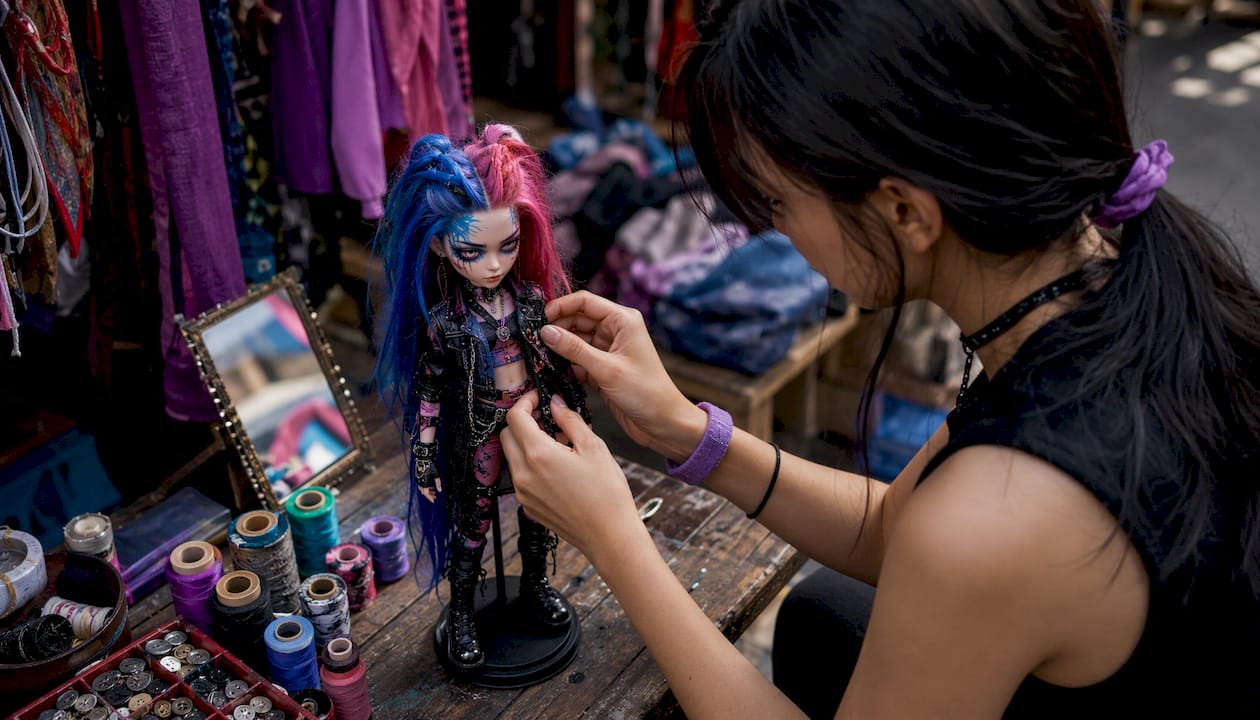 Artist arranging Arcane punk cosplay doll in studio