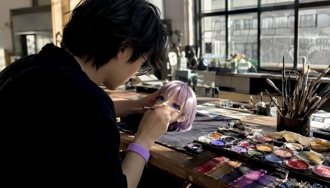 Craftsman painting anime-style doll face at workbench