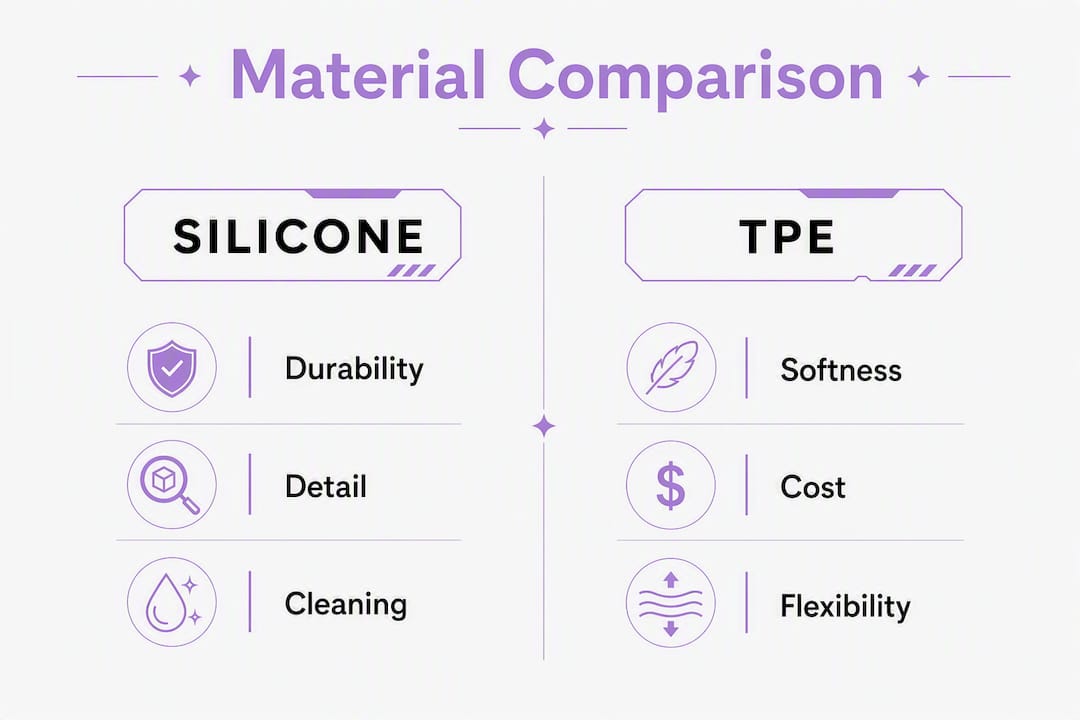Infographic comparing silicone and TPE doll materials