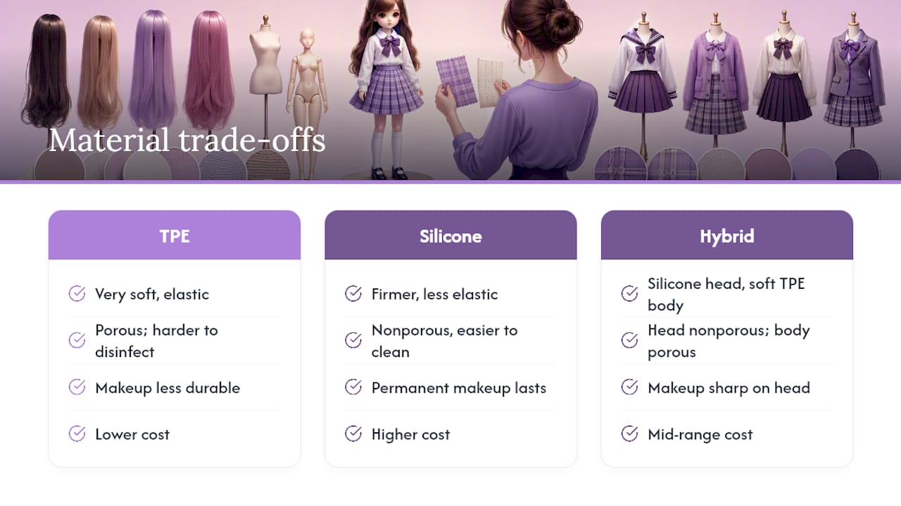 Diagram comparing TPE, silicone, and hybrid doll materials