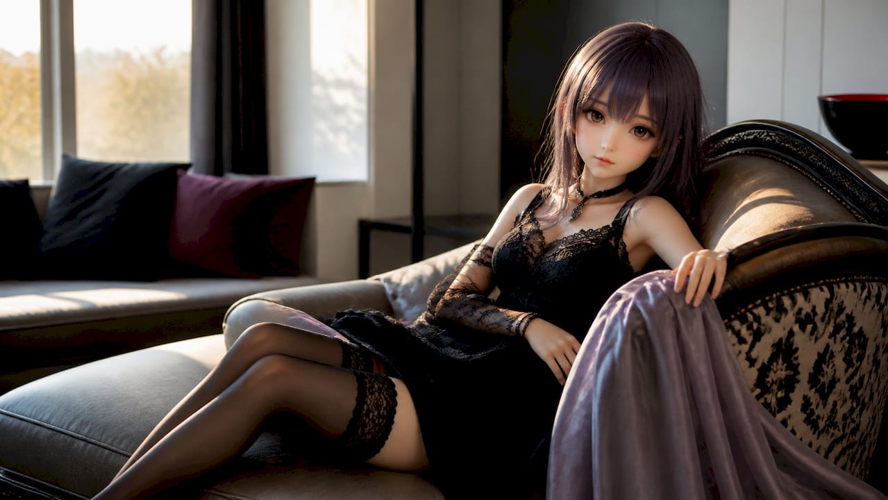 Anime doll posed with fabric prop for depth