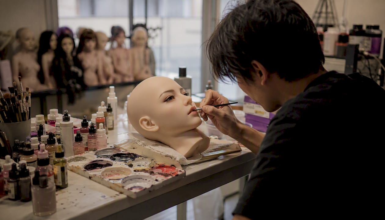 Artist painting silicone doll face in workshop