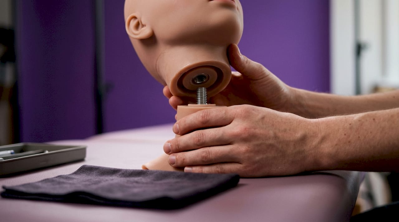 Hände entfernen Sexpuppekopf vom Halsverbinder