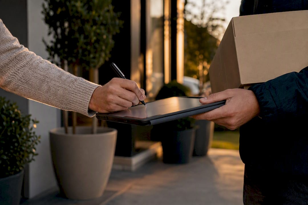 Person unterschreibt auf einem Liefer-Tablet im Freien