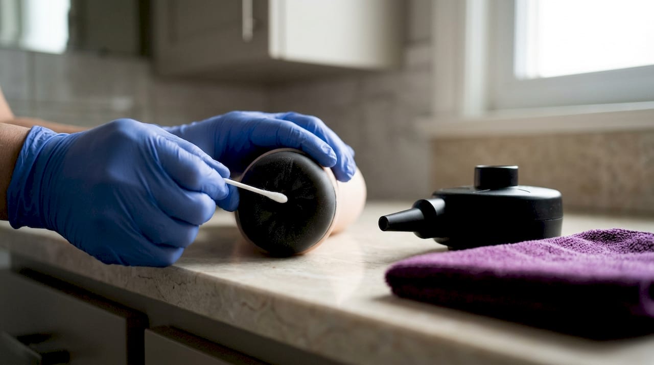 Gloved hand checking a cotton swab for moisture