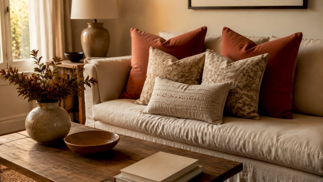 Layered pillows showing varied sizes and textures on sofa corner