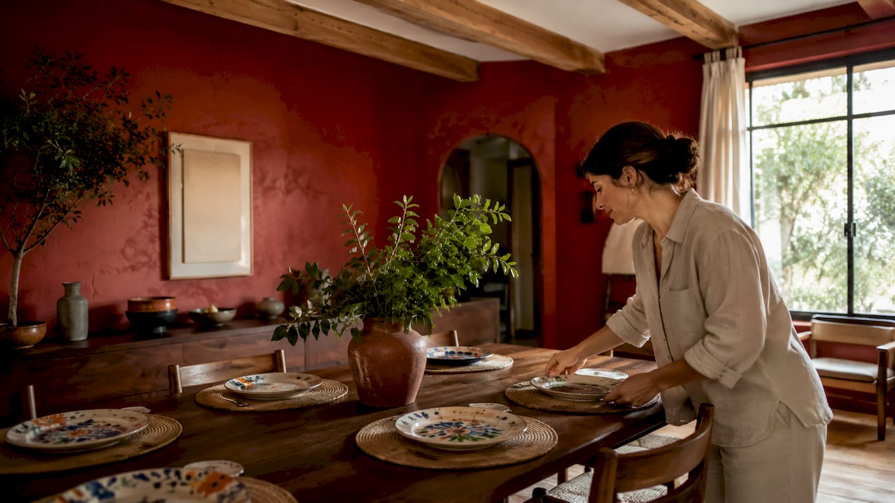 Matte red wall in Mexican dining room setting