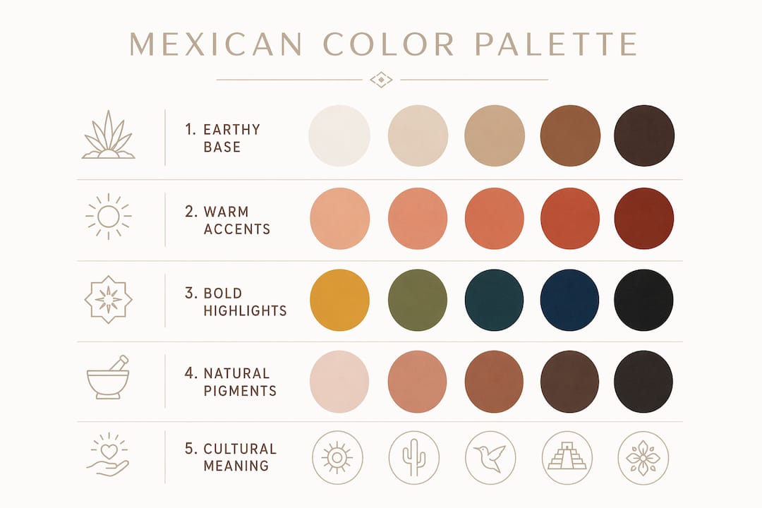 Infographic showing Mexican color palette steps and categories