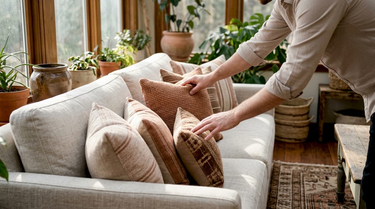 Hands arranging coordinating accent pillows on sofa