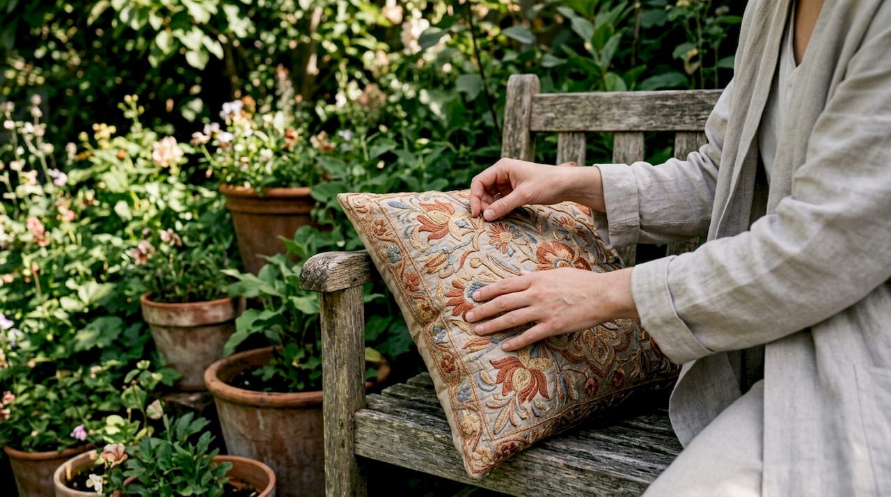 Close-up of hands touching detailed silk pillow stitching