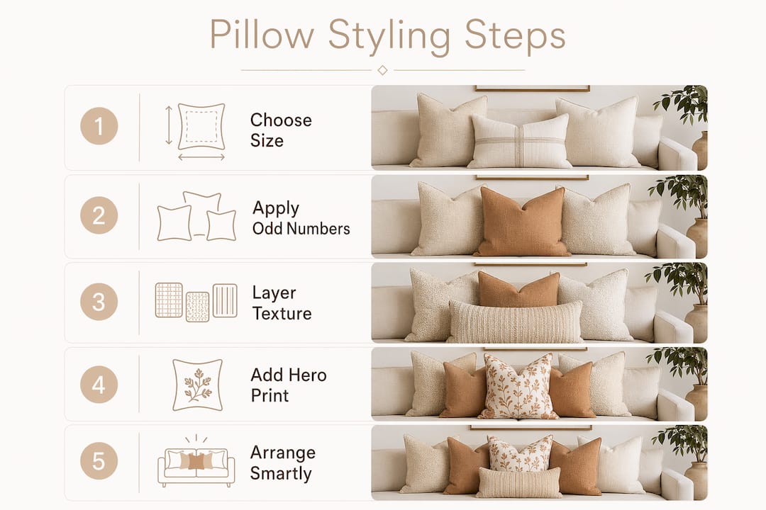 Infographic of steps for styling throw pillows