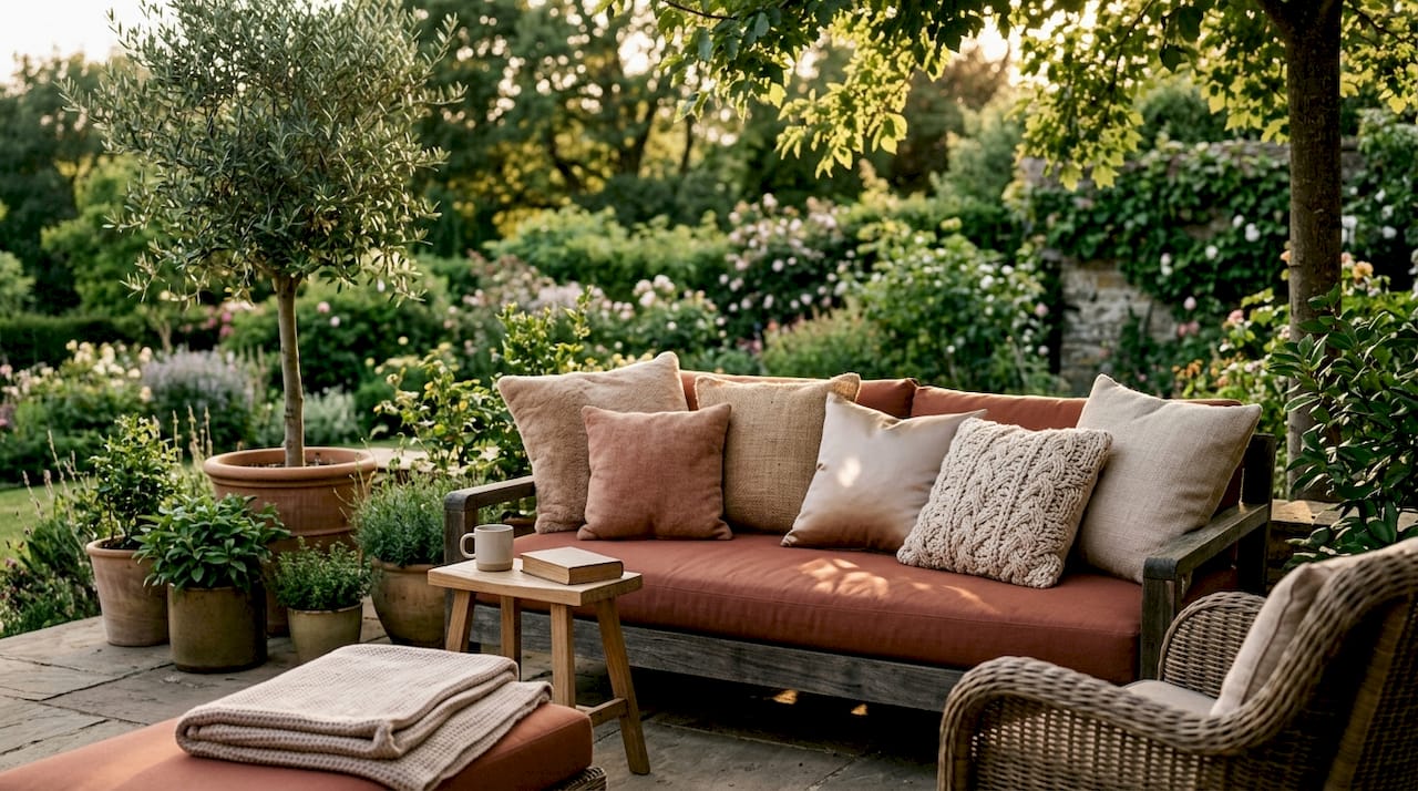 Close-up of textured throw pillows mix