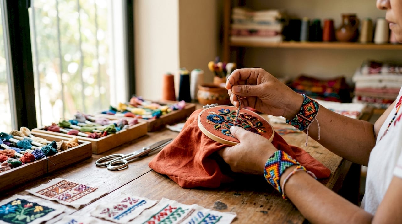 Close-up of hands embroidering Mexican textile patterns