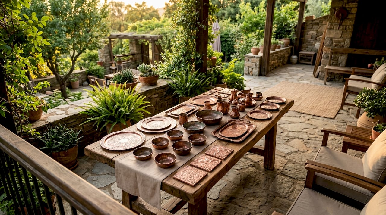 Intricate finished copper artisan objects displayed