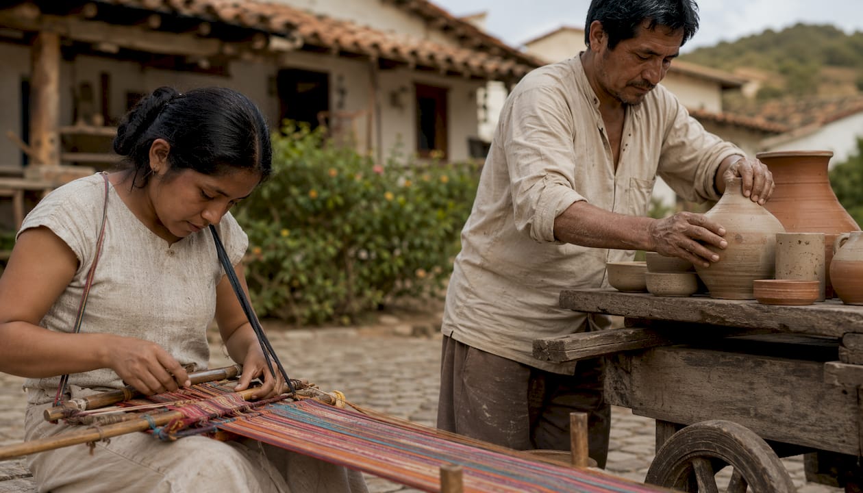 Artisans working and selling crafts outdoors in market