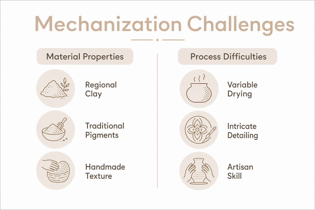Infographic contrasting materials and process challenges in mechanizing artisan crafts