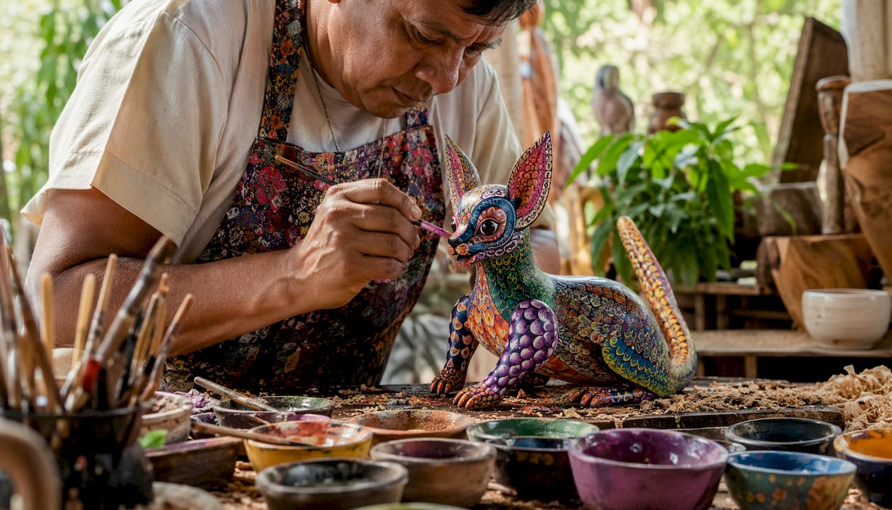 Hands painting colorful Alebrije wood carving
