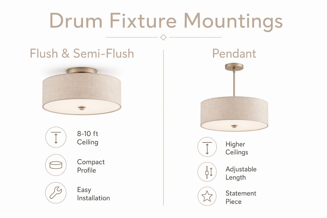Infographic comparing flush/semi-flush and pendant drum mounting types