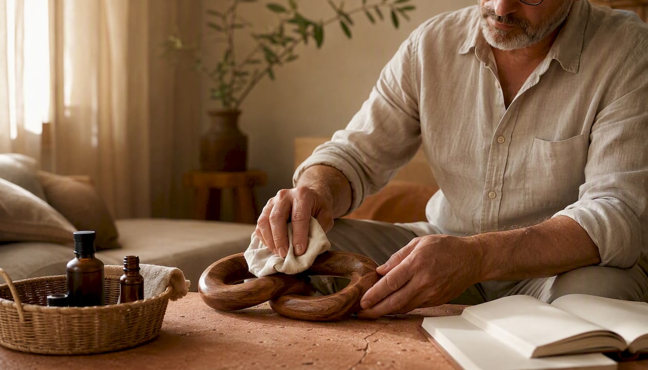 Man hand-cleaning wooden artisan decor piece at home