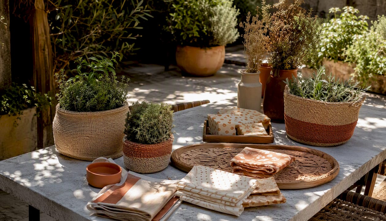 Close-up of sustainable artisan decor items on table