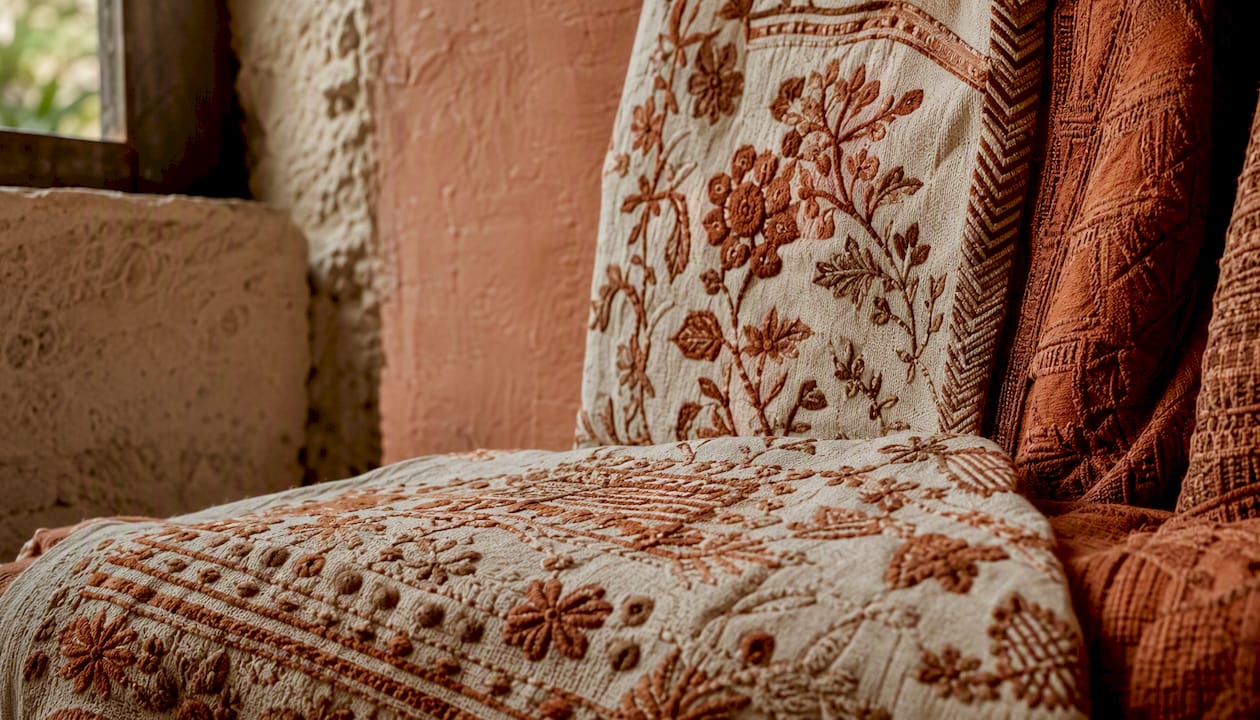 Close-up of embroidered textile layers