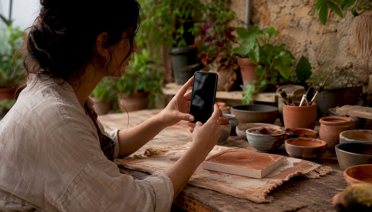 Artisan recording provenance video in workshop