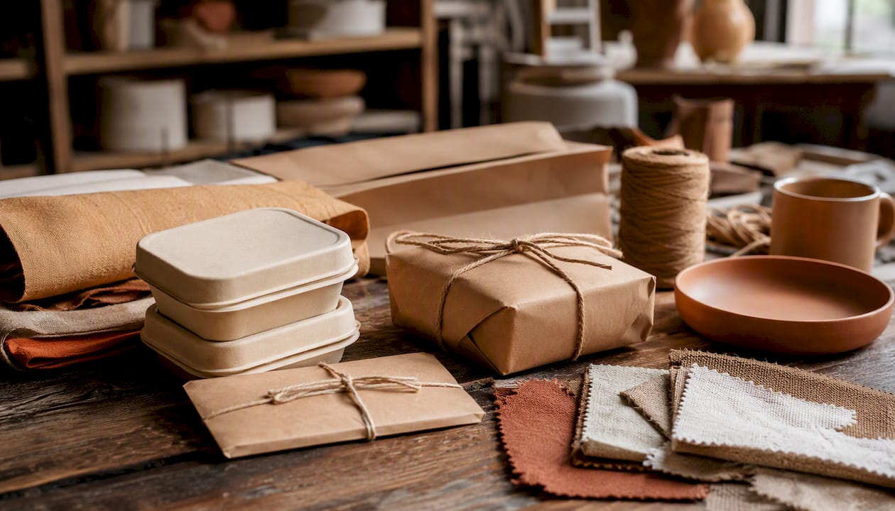 Artisan packaging and decor samples on table
