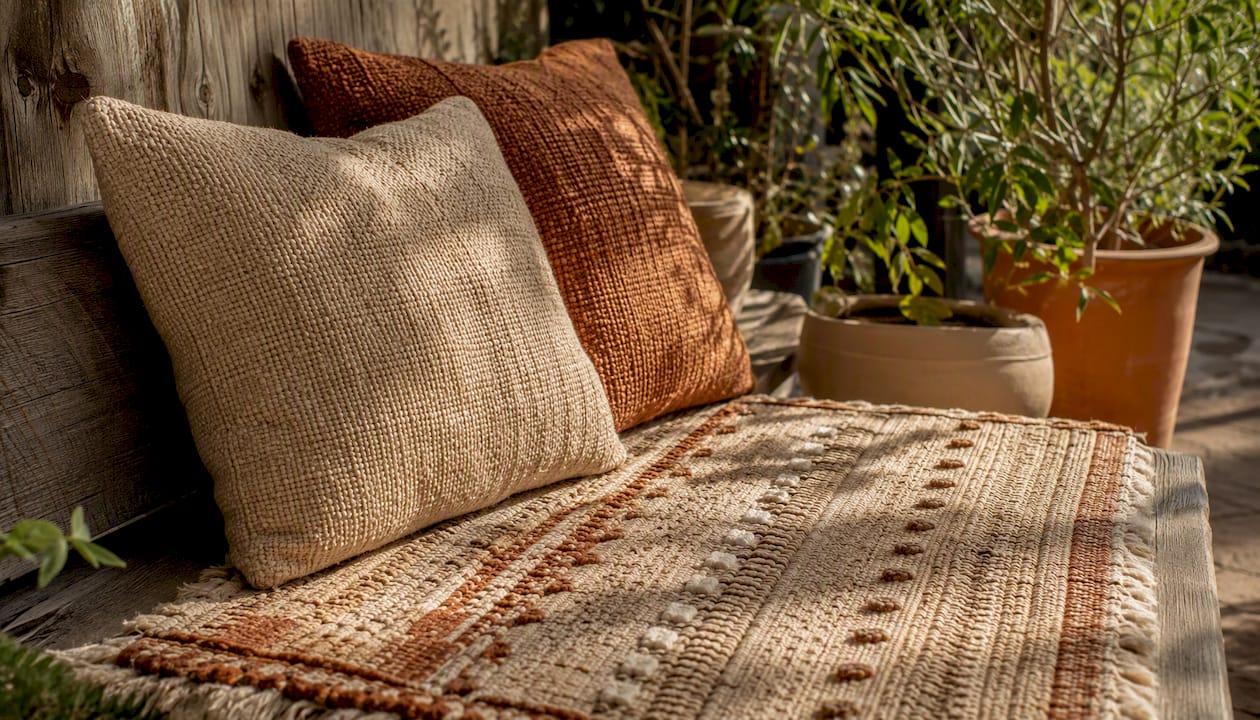 Textured pillows and hand-loomed rug creating focal point