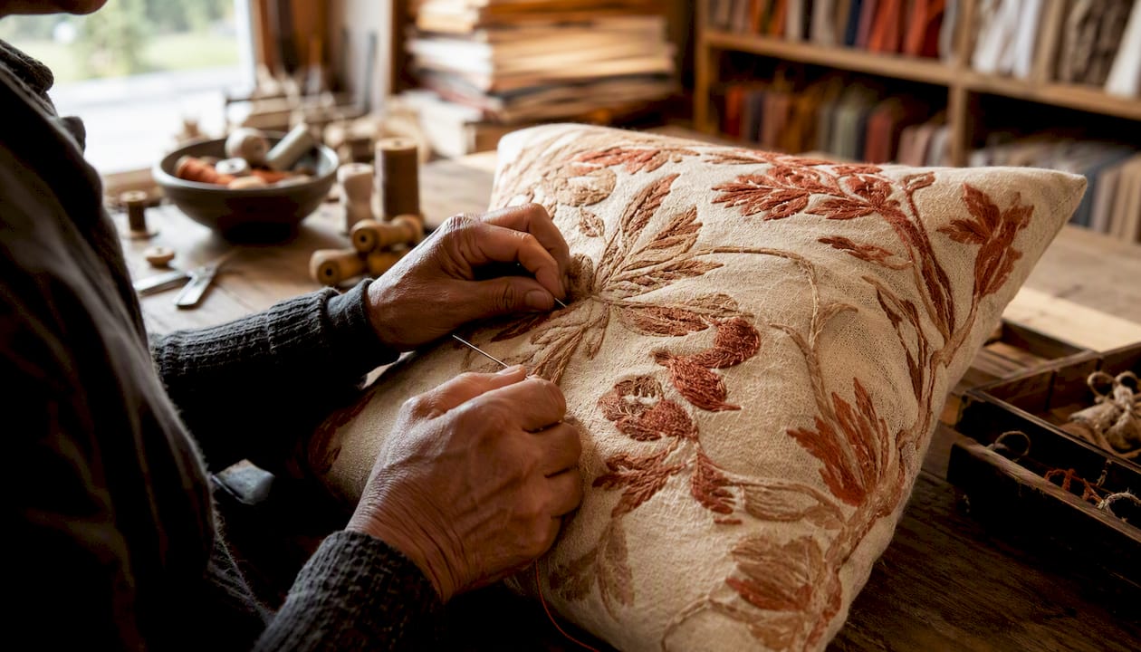 Artisan hands embroidering Mexican pillow detail