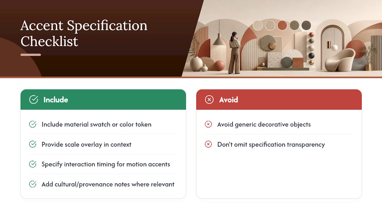Checklist diagram summarizing accent specification elements