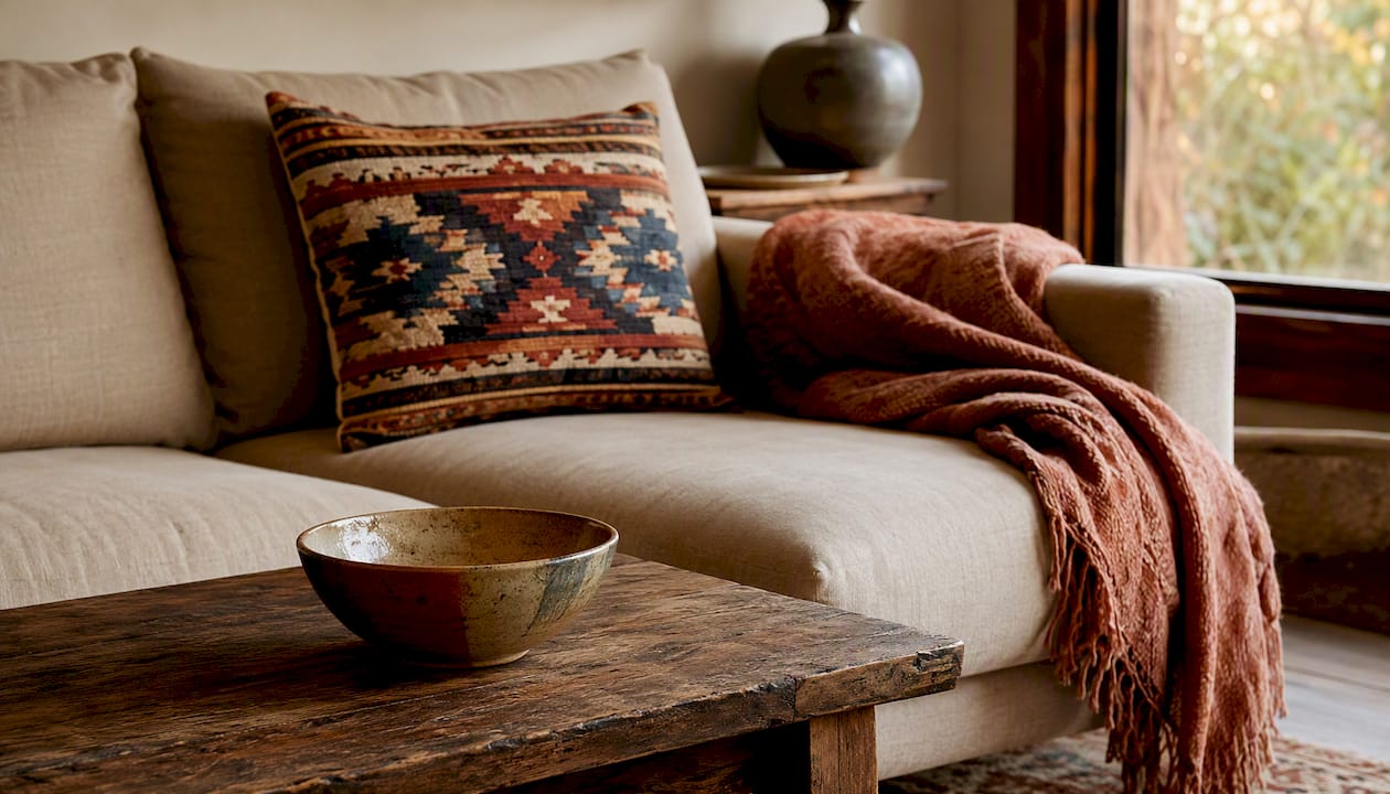 Living room with handcrafted pillows and ceramic bowl