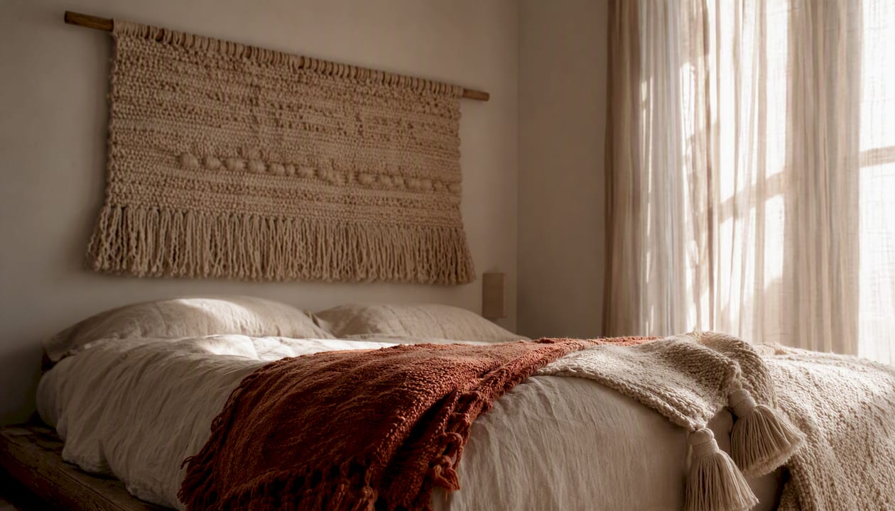 Bedroom with woven textile and layered throws
