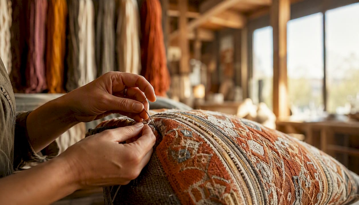 Artisan hands sewing a handcrafted pillow