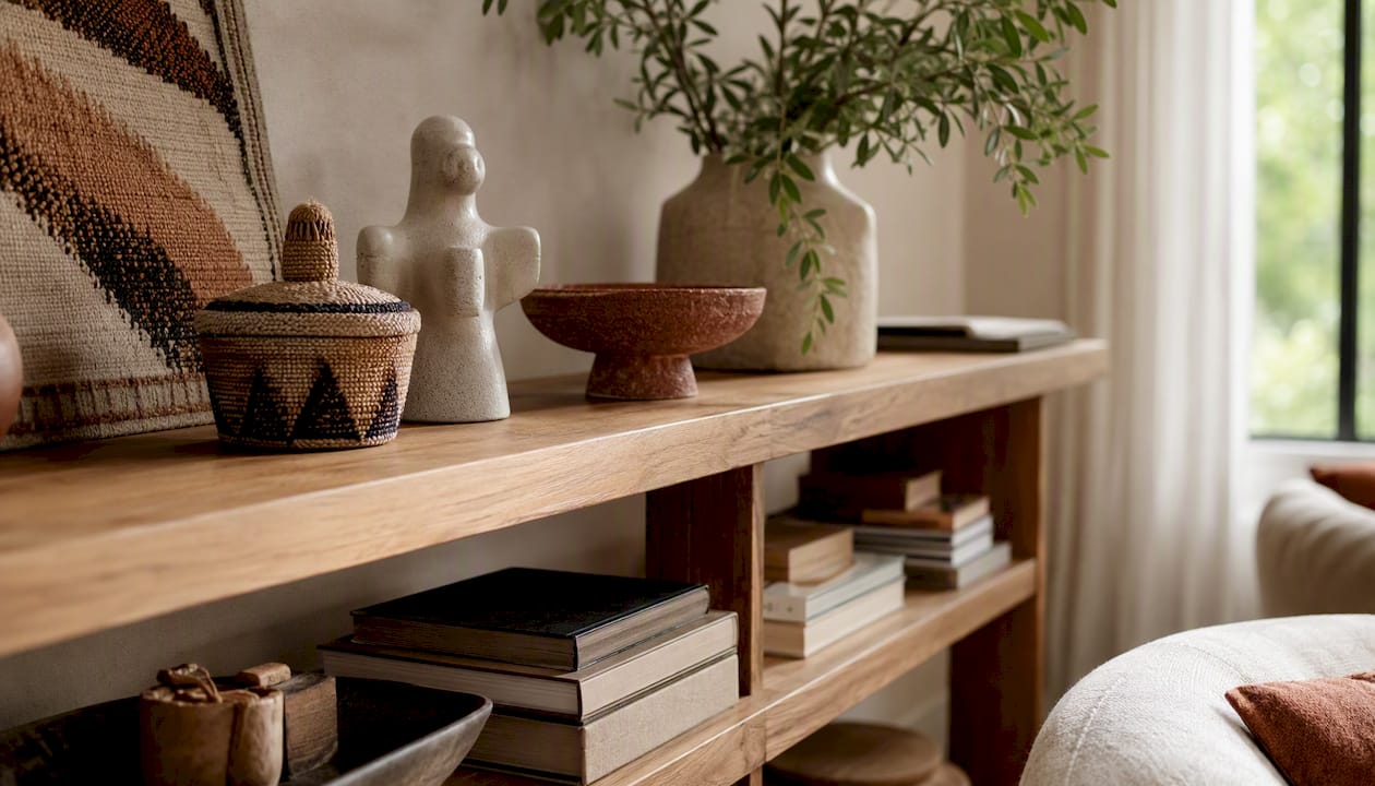 Curated shelf with handcrafted meaningful objects